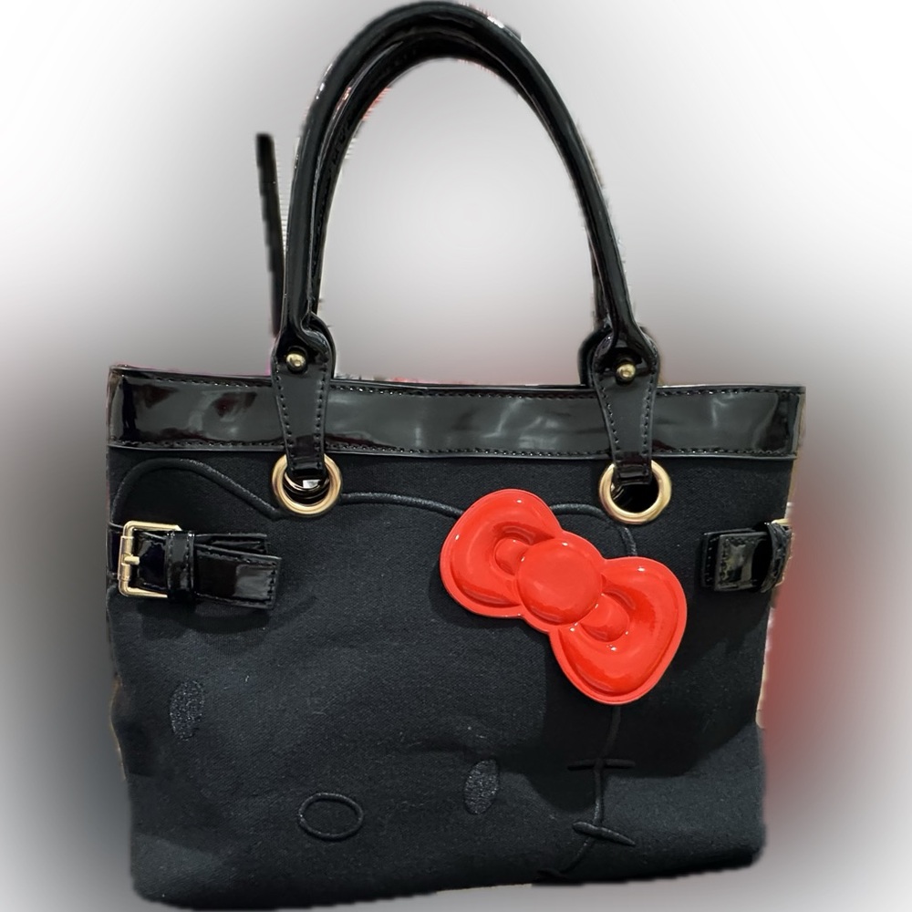 Black Canvas and Patent Leather Red Kitty Bow Handbag